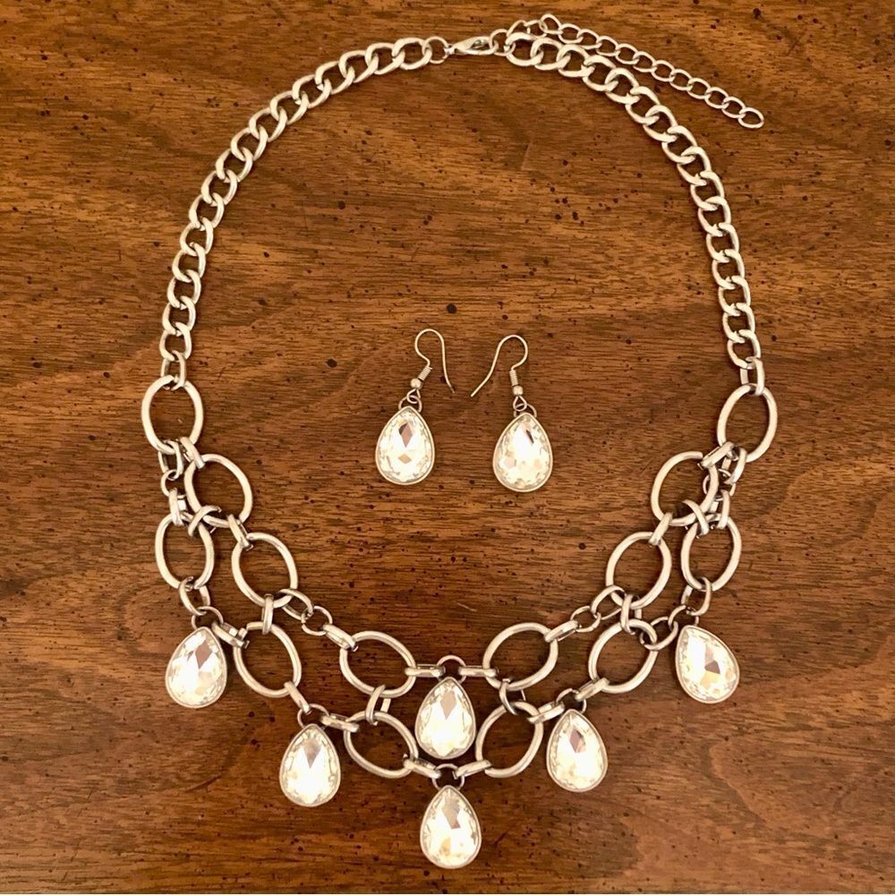 Teardrop Rhinestone Statement Necklace and Earring Set | 18.5” Adjustable